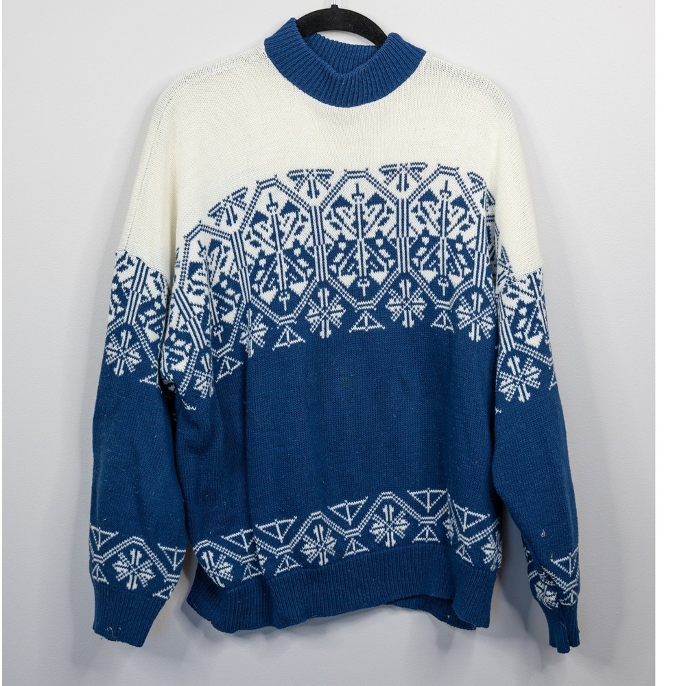 American Pride Sweater Mens L Blue White Excellent Vintage Fair Isle Snowflake